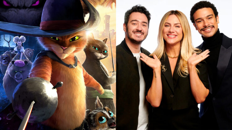 Pôster do filme 'Gato de Botas 2: O Último Pedido' e os dubladores Marcos Veras, Giovanna Ewbank e Sérgio Malheiros posando em foto de divulgação.