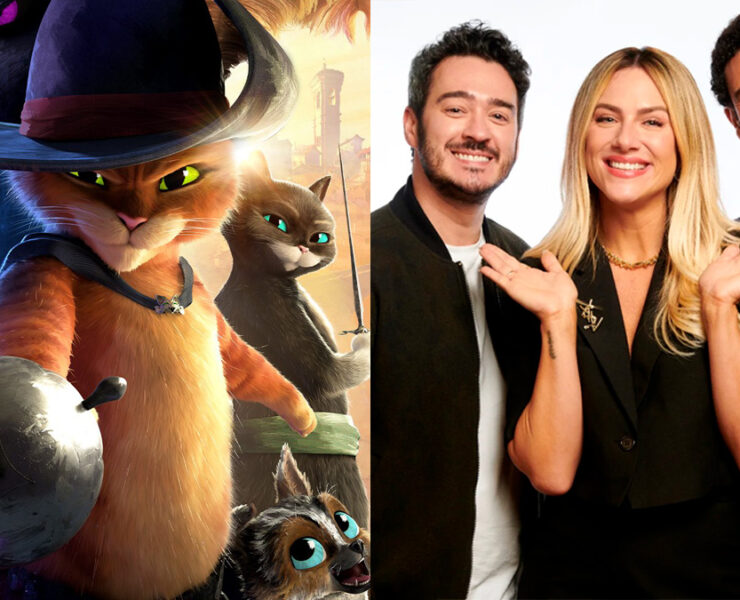Pôster do filme 'Gato de Botas 2: O Último Pedido' e os dubladores Marcos Veras, Giovanna Ewbank e Sérgio Malheiros posando em foto de divulgação.