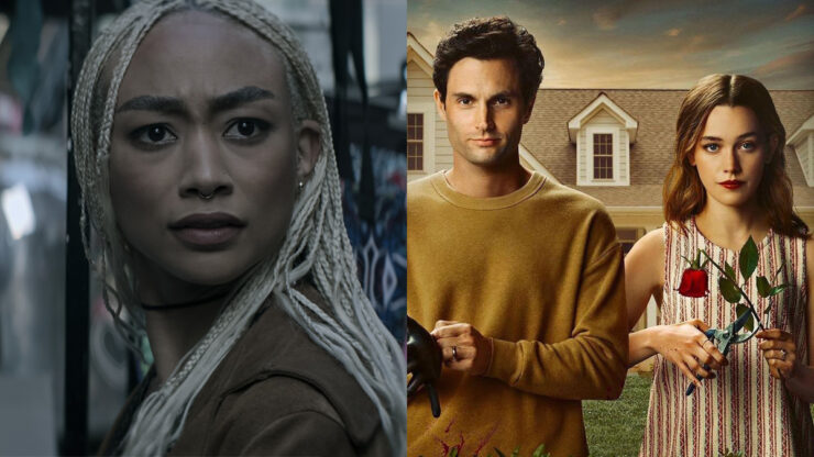 Tati Gabrielle como Marienne em cena da 4ª temporada de "You" e Penn Badgley e Victoria Pedretti no poster da 3ª temporada da série.