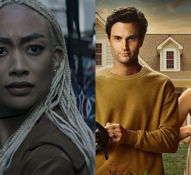 Tati Gabrielle como Marienne em cena da 4ª temporada de "You" e Penn Badgley e Victoria Pedretti no poster da 3ª temporada da série.